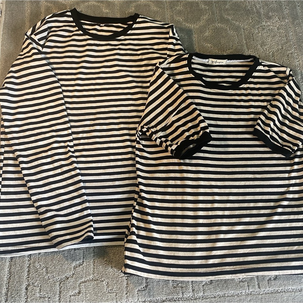 Womens Size L Striped Tops Lot 2 Black White Cream Short & Long Sleeve